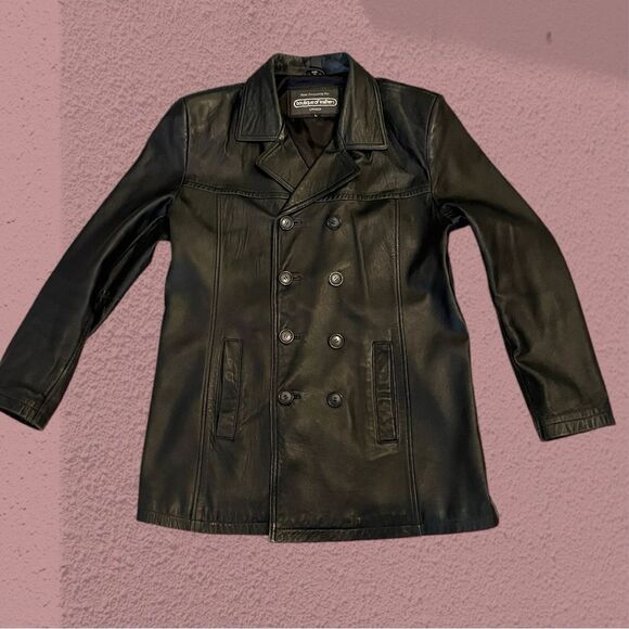 Vintage 90s black leather jacket double breasted - Picture 5 of 9